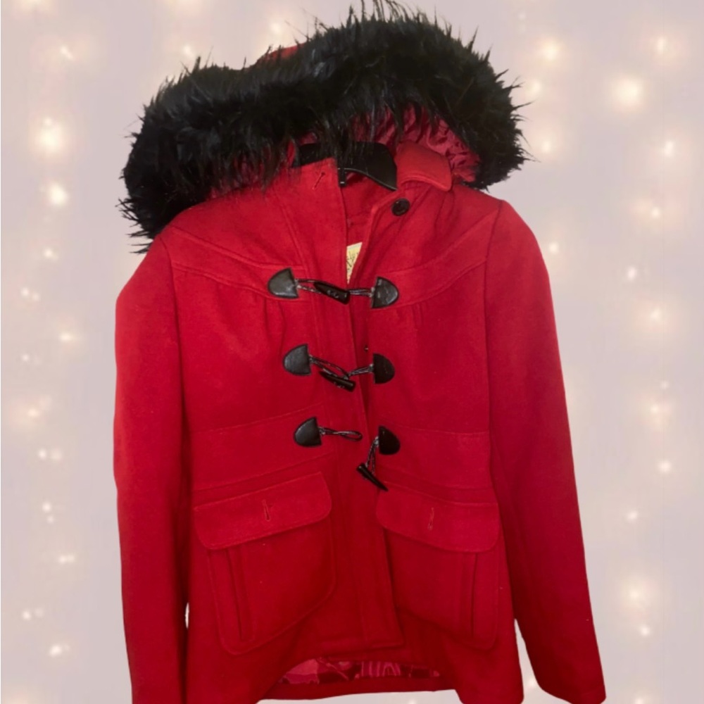 Red Toggle Coat with Faux Fur Hood